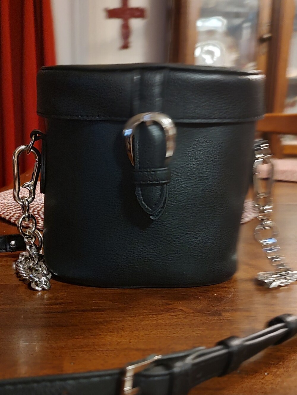 Structured Black Mini Cylinder Crossbody Bag with Silver Chain